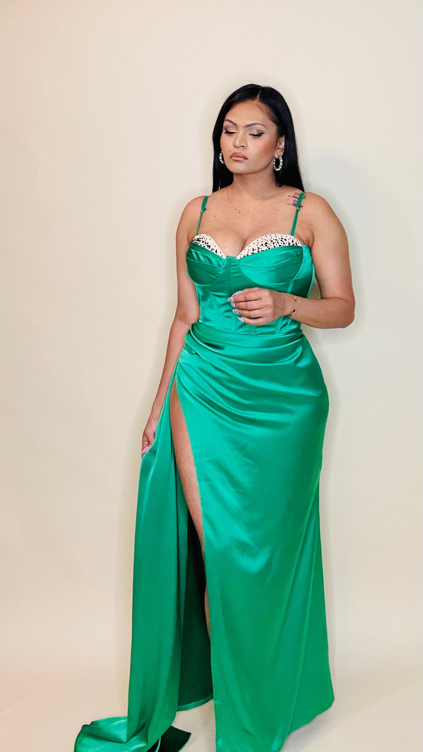 Vanity Green Satin High Slit Evening Gown