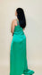 Vanity Green Satin High Slit Evening Gown