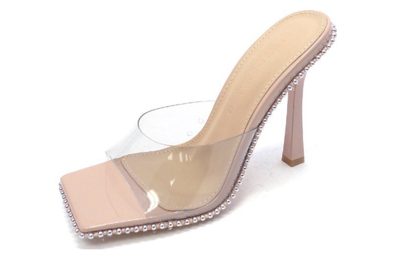Clear Toe Studded Square Heeled
