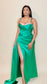 Vanity Green Satin High Slit Evening Gown