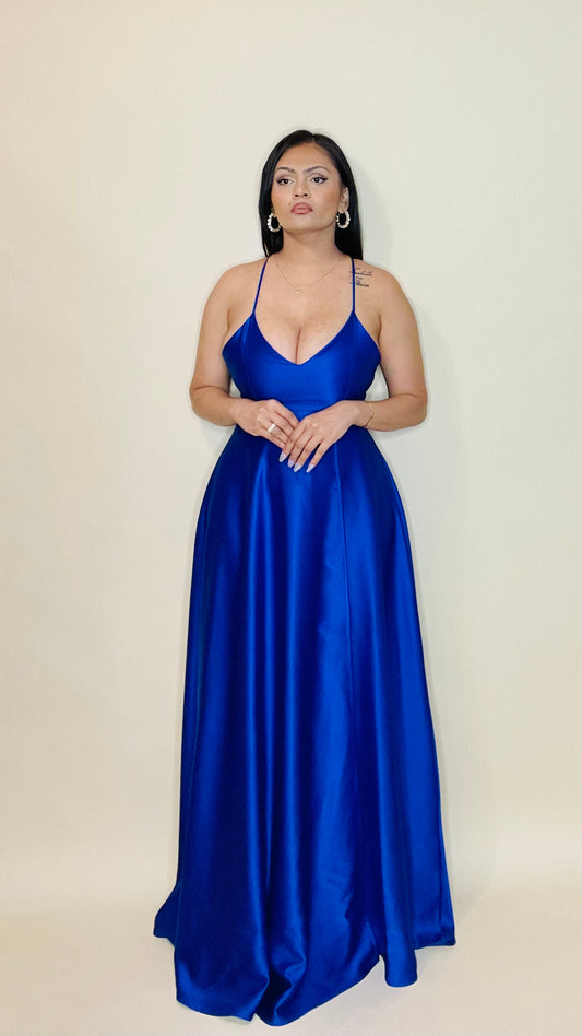 Royal Blue Spaghetti Zigzag Tie Evening Gown