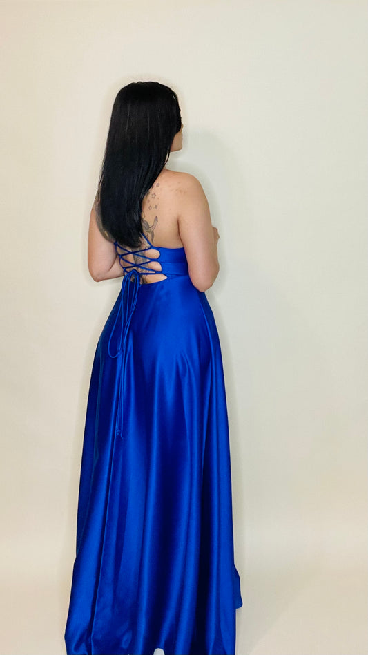 Royal Blue Spaghetti Zigzag Tie Evening Gown