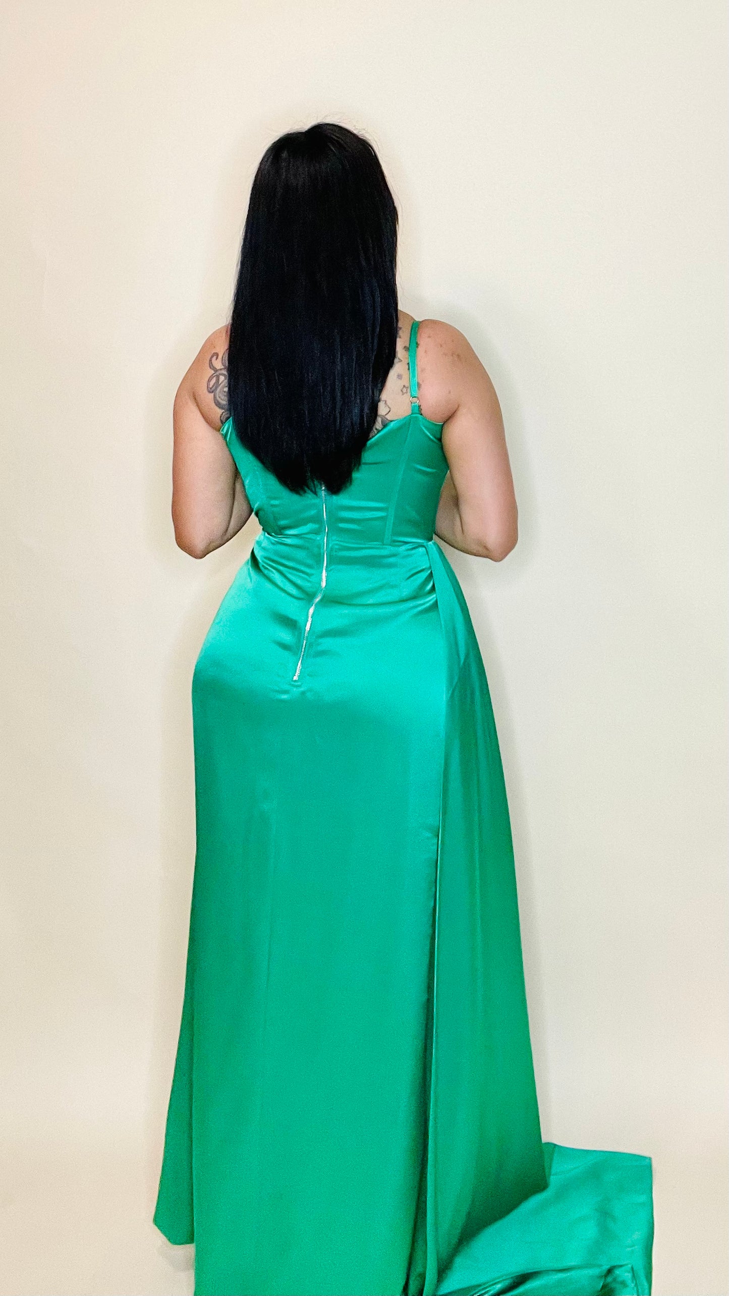 Vanity Green Satin High Slit Evening Gown